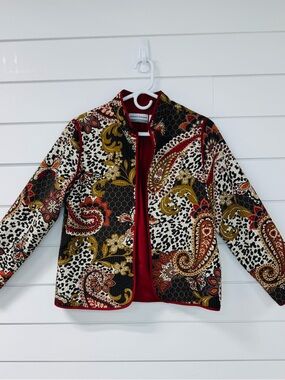 Alfred Dunner Quilted Paisley & Animal Print Jacket - Red, Black & Gold